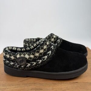New Womens Clarks Knit Sweater Black Leather Lined Clog Slippers Size 7 M NIB
